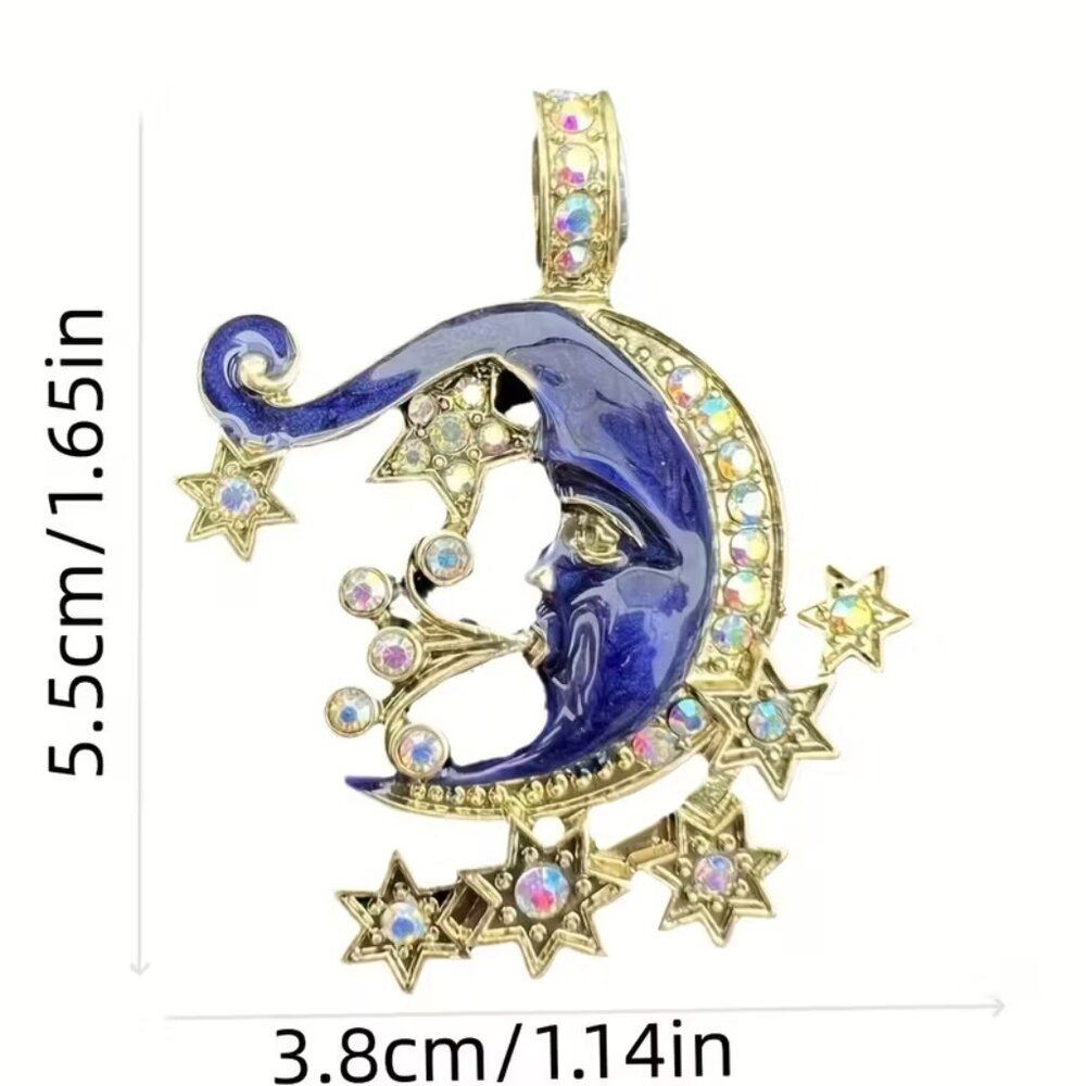 Moon & Stars Enamel Celestial Iridescent Crystals CONVERTIBLE Brooch Pendant - Picture 4 of 4